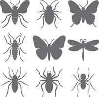 Nine Gray Insect Silhouettes Collection Moth Butterfly Dragonfly Spider Beetle Icon Set vector