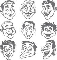 Nine Gray Scale Cartoon Men Head Silhouettes Diverse Expressions Happy Smiling Amused Expressions Illustration vector