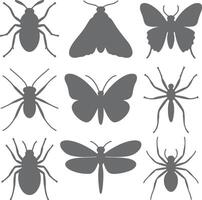 Nine Gray Insect Silhouettes Collection Various Bugs Butterflies Moths Spiders Simple Flat Design Graphics vector