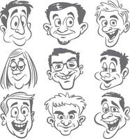 Nine Gray Scale Cartoon Character Head Silhouettes Diverse Expressions Happy Sad Serious Smiling Expressions Set vector