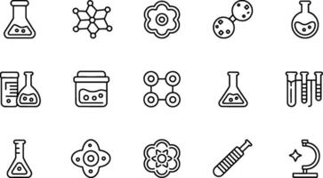 Science icons set outline collection beakers molecular structures and microscope vector