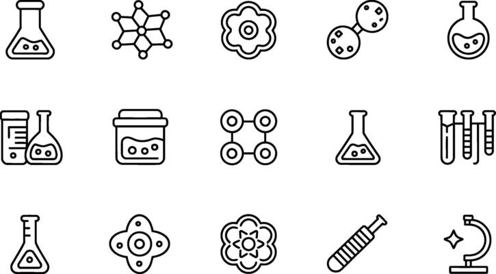 Science icons set outline collection beakers molecular structures and microscope