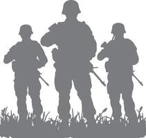 Three Grey Silhouettes of Soldiers Standing in Grass Military Personnel in Helmets Holding Rifles Wartime Scene Gray Scale Graphic vector