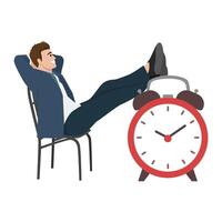 Man leans back with his feet on a giant clock, portraying a relaxed despite the constraints of time. vector