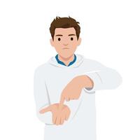 Man points at his palm with a serious expression, symbolizing urgency or request for clarification. vector