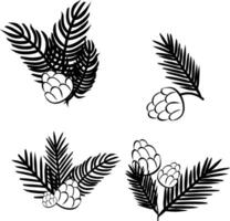 Pine tree branches with pine cones black and white set composition isolated. graphic line ink illustration. For poster, flyer, banner, invitation, social media, party or sale vector