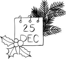 25 December calendar black and white holiday composition isolated. graphic line ink illustration. calendar symbol for the month of December. For logo, web, package, sticker. vector