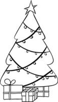 Christmas tree with lights and present boxes black and white composition isolated. graphic line ink illustration. Perfect for cards, decorations, stickers, logo, menu, various designs. vector