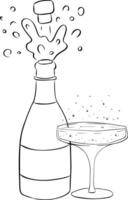 Champagne bottle with glass black and white composition isolated. graphic line ink illustration. pop open with cork and drinking glass simple Design for package, cosmetic, textile, cards. vector