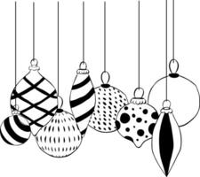Christmas toys glass baubles black and white composition isolated. graphic line ink illustration. design for fashion graphics, textile prints, fabrics, wallpapers. vector