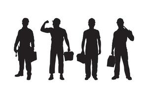 Construction Worker Silhouette Set Holding Toolbox Illustration Isolated on White Background vector