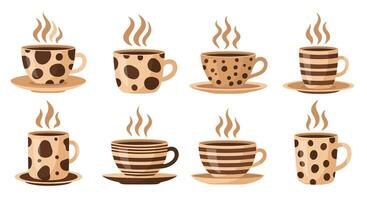 Elegant Coffee Cups on Saucers with Steam Rising Delightful Morning Beverages Selection vector