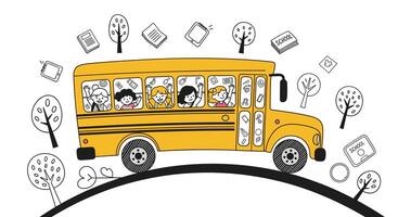 A Yellow School Bus Is Carrying Happy Students To Their First Day Of Class vector