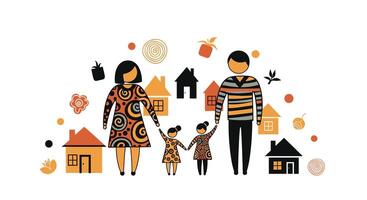 Happy Family with Two Daughters and Houses in the Suburbs Illustration vector