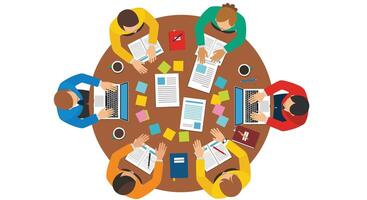 Business Meeting Brainstorming Session Collaboration Ideas and Teamwork Planning Round Table vector