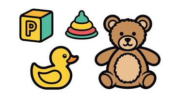 A Variety of Playthings Including Block Duck Teddy Bear and Stacking Toy vector