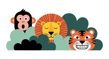 A Collection of Animals in the Jungle Featuring a Monkey Lion and a Tiger vector