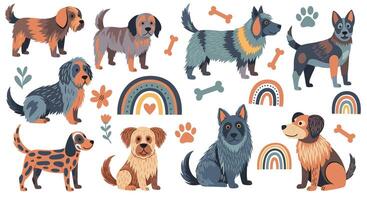 Collection of Pixel Art Dogs Featuring Many Different Dog Breeds and Their Characteristics vector