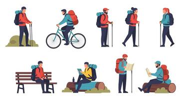 People with backpacks and bikes in different poses vector