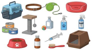 A set of items for a pet, including a dog collar, food, water, and a vector