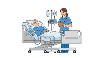 A nurse is talking to an elderly man in a hospital bed vector