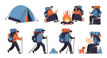 People with backpacks and tents in various poses vector