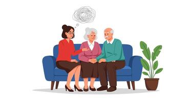 An elderly couple sitting on a couch with a thought bubble above them vector
