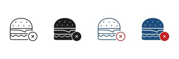 No Junk Food Line and Solid Icon Set. Burger with Prohibition Symbol Collection. Unhealthy Food Restriction. Isolated Illustration vector
