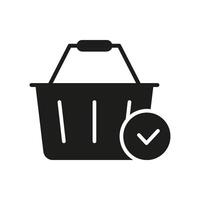 Shopping Basket With Checkmark Solid Icon. Successful Online Shopping, Order Confirmation, And Purchase Approval Silhouette Symbol. E-Commerce, Retail Transaction. Isolated Illustration vector