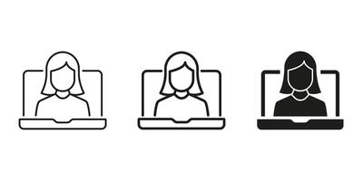 Female Call Participant Icon Set. Virtual Meeting, Online Communication, Remote Work Line and Silhouette Symbol Collection. Digital Interaction And Telecommuting. Isolated Illustration vector