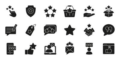 User Reviews, Quality Assurance, And Satisfaction Silhouette Symbol Collection. Customer Feedback And Rating Solid Icon Set. E-Commerce And Service Evaluation. Isolated Illustration vector