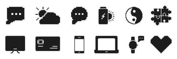 Pixel Art Icon Set Featuring Communication, Technology, And Energy Symbols. Diverse Pixelated Symbol Collection For Digital Communication, Device Interaction. Isolated Illustration vector