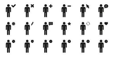 Person Interaction And Status Solid Icon Set. User Management, Communication Silhouette Symbol Collection. Isolated Illustration vector