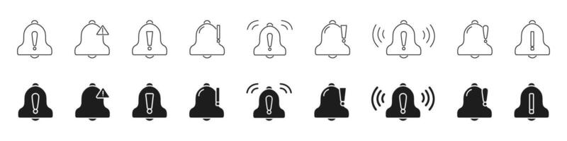 Notification Bell Alert Icon Set. Warning, Reminder, And Alarm Symbol Collection. Exclamation Mark And Vibration Indicators. Isolated Illustration vector