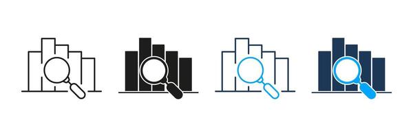 Bar Chart With Magnifying Glass Line And Solid Icon Set. Data Analysis, Business Insights, And Statistical Evaluation Symbol Collection. Financial And Market Research. Isolated Illustration vector