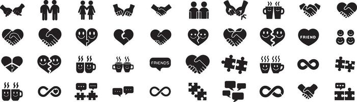 A creative collection of black icons themed around Friendship Day. Includes hearts, people, chat bubbles, infinity signs, and puzzle pieces for meaningful design use. vector