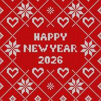 Seamless knit pattern Christmass 2026. Winter seamless pattern with Happy New Year text. Sweater design and red Christmas and new year ornament vector