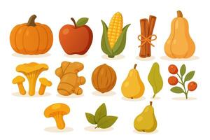 autumn set with food. pumpkin, apple, corn, cinnamon, chanterelle mushrooms, ginger, walnut, pear, red berry, honey mushrooms vector