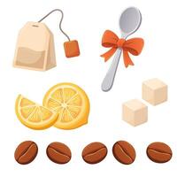 clip art for website menu with teaspoon, sugar, lemon, tea bag and coffee vector