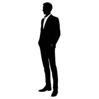 Silhouette of a man in a black suit standing with hands in pockets, isolated on white. vector