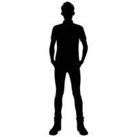 Silhouette of a young man standing with hands in pockets against a white background vector