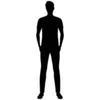 Black silhouette of a man standing with hands in pockets on a clean white background vector