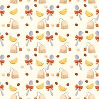 seamless pattern for website menu with teaspoon, sugar, lemon and tea bag vector