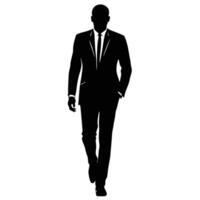 Elegant silhouette of a confident business man in a suit walking forward on white background vector