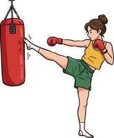 Woman practicing kickboxing with red punching bag and gloves in training session illustration vector