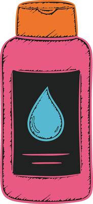 Pink bottle with orange cap and blue water drop label illustration for cosmetic or hygiene product design