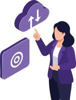 Woman using cloud storage technology for uploading and downloading data in modern digital workflow illustration vector