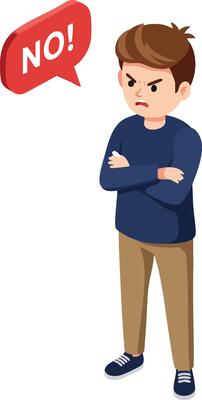 Angry young man standing with crossed arms and speech bubble saying no expression illustration