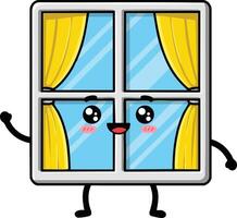 Cute window character with yellow curtains and happy face illustration in cartoon style vector