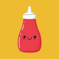 Cute red ketchup bottle with smiling face on yellow background illustration for food condiment design vector